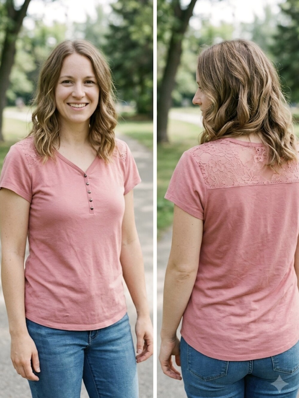 Bleu Gray Rose Pink Lace Yoke Henley Short Sleeve Top Size Large